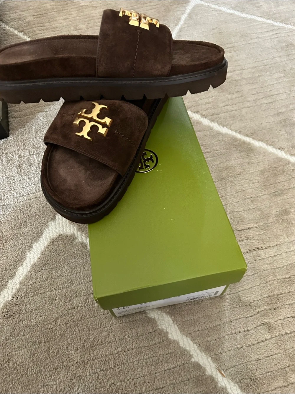 Tory Burch Brown Suede Slide Sandals with Gold Logo Accent